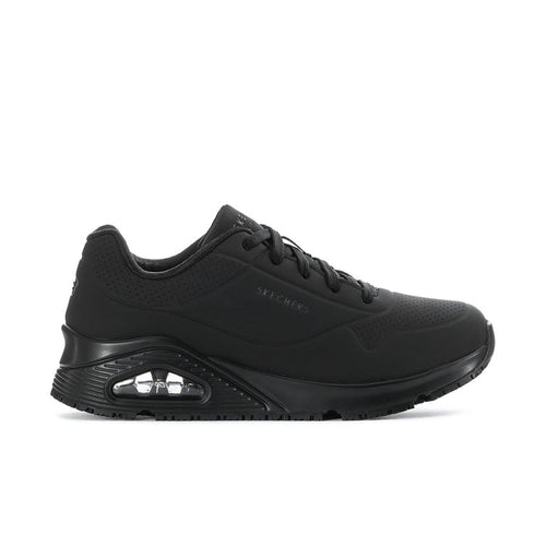 Women's black lace-up sneaker with cushioned midsole and visible air unit