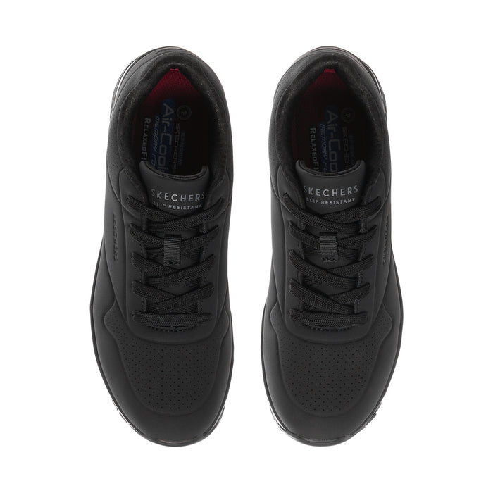 Pair of women's black lace-up sneakers with textured toe and air-cushion sole
