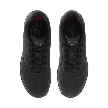 Pair of women's black lace-up sneakers with textured toe and air-cushion sole