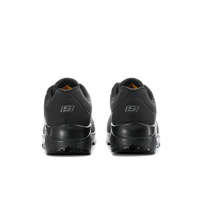 Women's black sneaker outsole tread and lace-up upper details