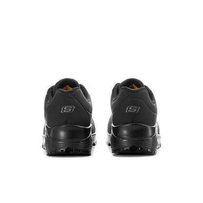 Women's black sneaker outsole tread and lace-up upper details