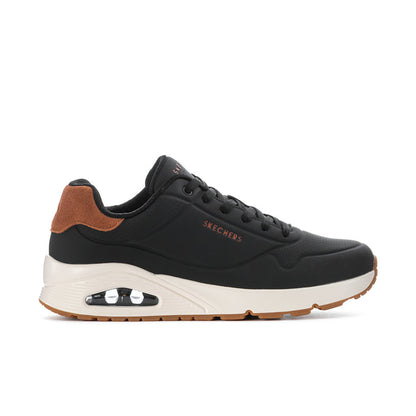 Men's black lace-up sneaker with tan collar and air-cushioned midsole
