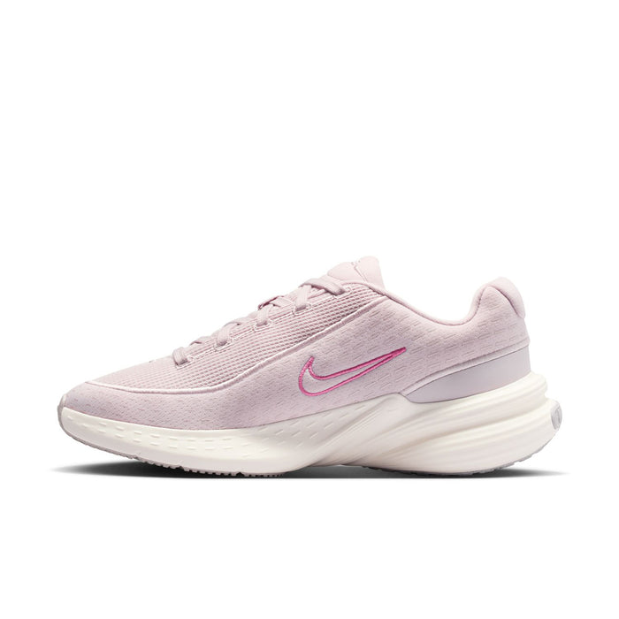 Women’s mauve lace-up sneakers with pink Nike Swoosh and layered white midsole