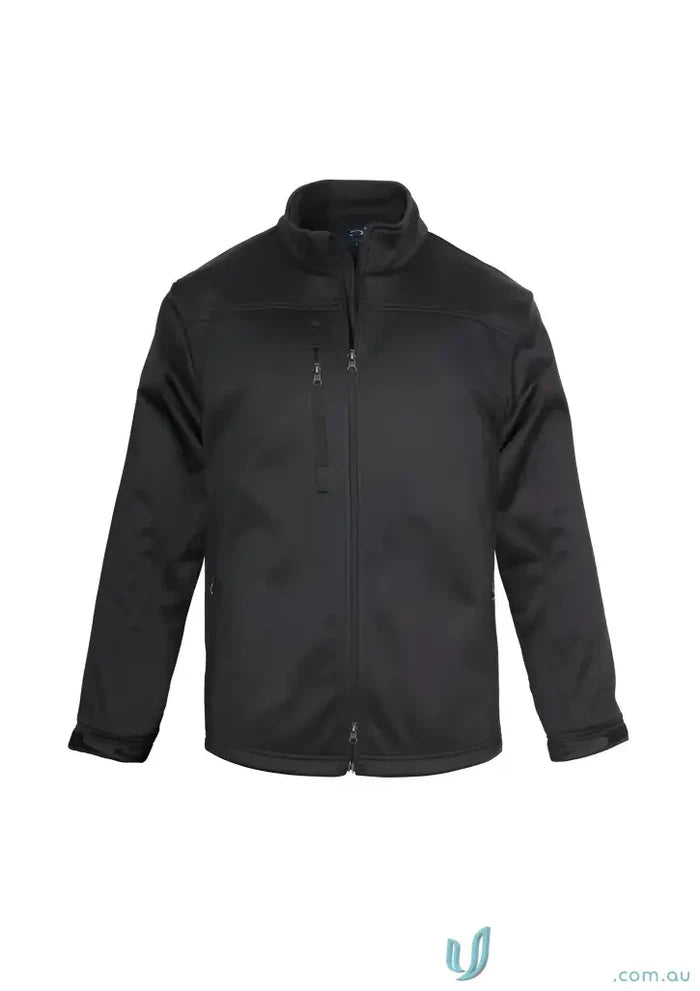 Black U:Tech SoftShell Jacket with high collar, zip pockets, made from biz tech fabric