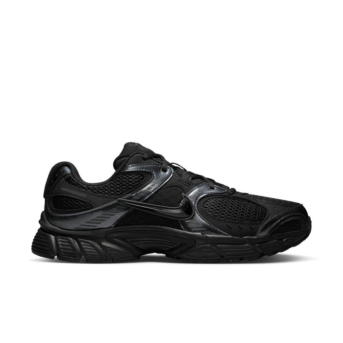 Men's black and gray athletic sneaker with silver Swoosh, mesh upper, rubber sole