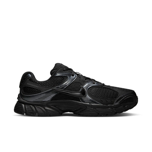 Men's black and gray athletic sneaker with silver Swoosh, mesh upper, rubber sole