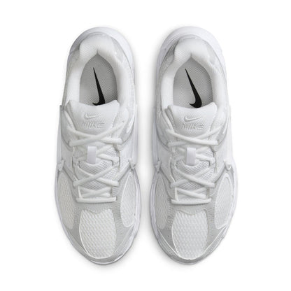 Pair of white lace-up sneakers viewed from front, showing laces and Swoosh accents