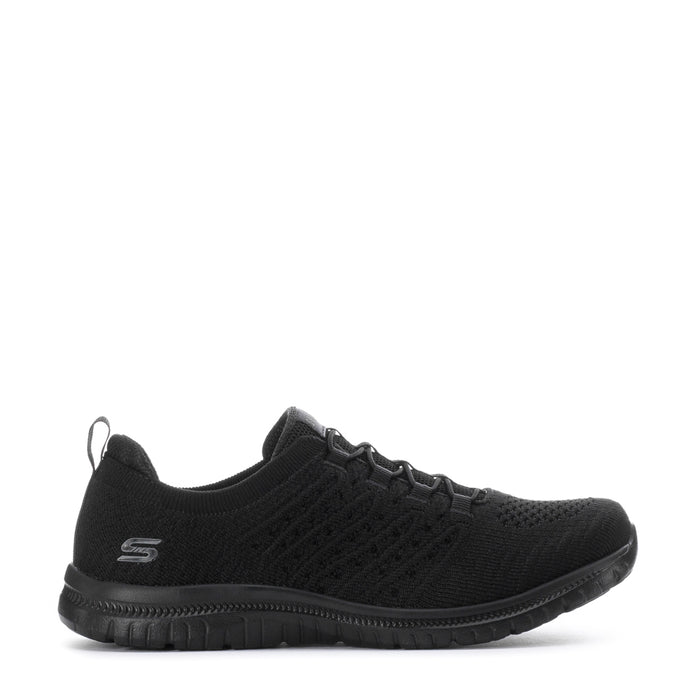 Black women's wide knit sneakers with lace-up front, slip-on collar, and rubber sole