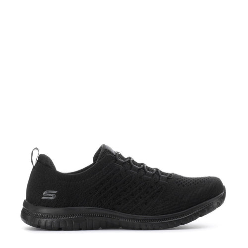 Black women's wide knit sneakers with lace-up front, slip-on collar, and rubber sole