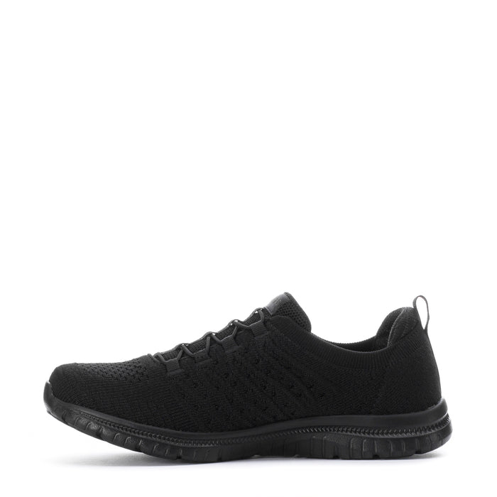 Black women's wide knit sneakers, side profile with lace-up design and grippy rubber sole