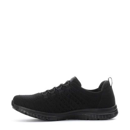 Black women's wide knit sneakers, side profile with lace-up design and grippy rubber sole