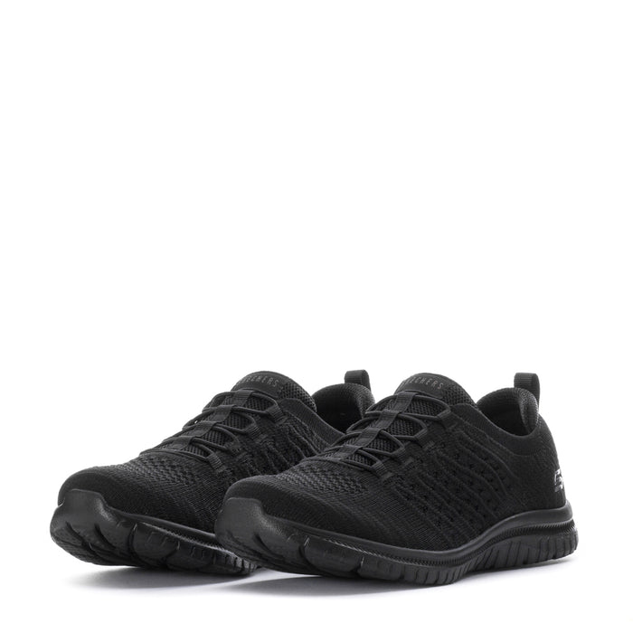 Black women's wide knit sneakers, front/side angle showing lace-up upper and cushioned sole