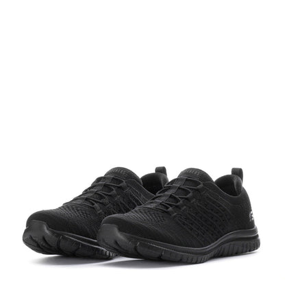 Black women's wide knit sneakers, front/side angle showing lace-up upper and cushioned sole