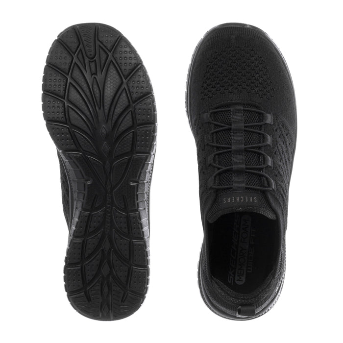 Black sneaker outsoles and heel view, showing tread pattern and lace-up upper