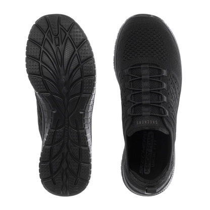 Black sneaker outsoles and heel view, showing tread pattern and lace-up upper