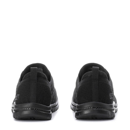 Black women's wide knit sneakers, back view showing heel cushioning, pull tab, and tread sole