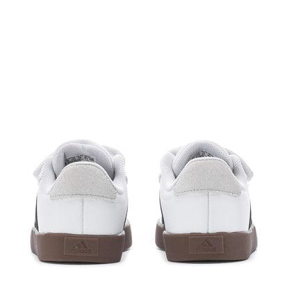 Back view of white toddler sneakers with brown heel panel and Adidas logo on outsole