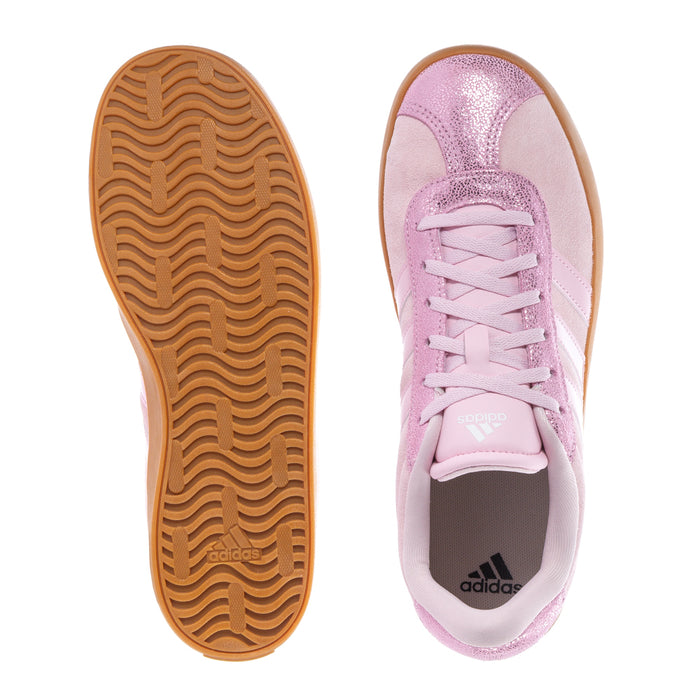 Youth sneaker outsole and heel view; light pink upper with adidas logo