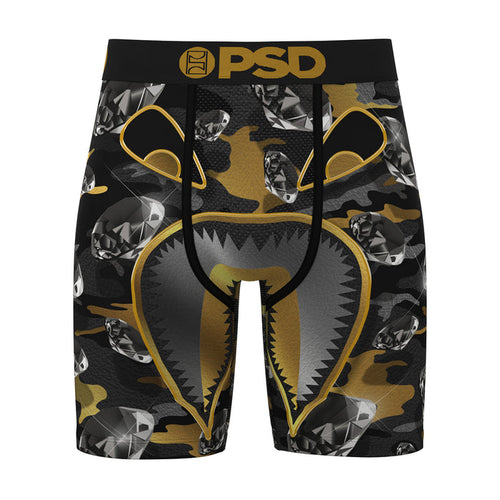 Men's camo boxer shorts with PSD logo waistband, black and gold accents, metallic print
