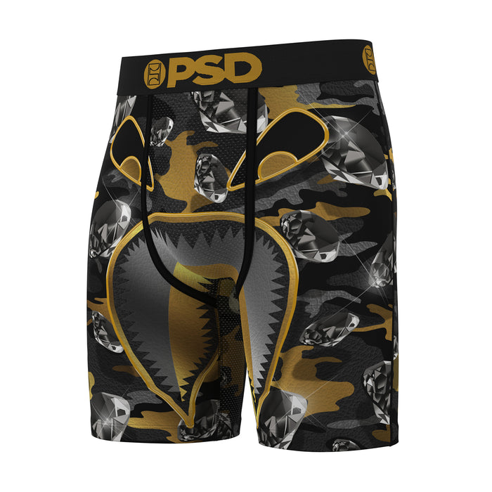 Men's camo boxer shorts with wide PSD waistband, black and gold, metallic diamond graphics