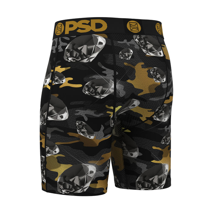 Men's camo boxer shorts with PSD logo waistband, black and gold camouflage, allover metallic