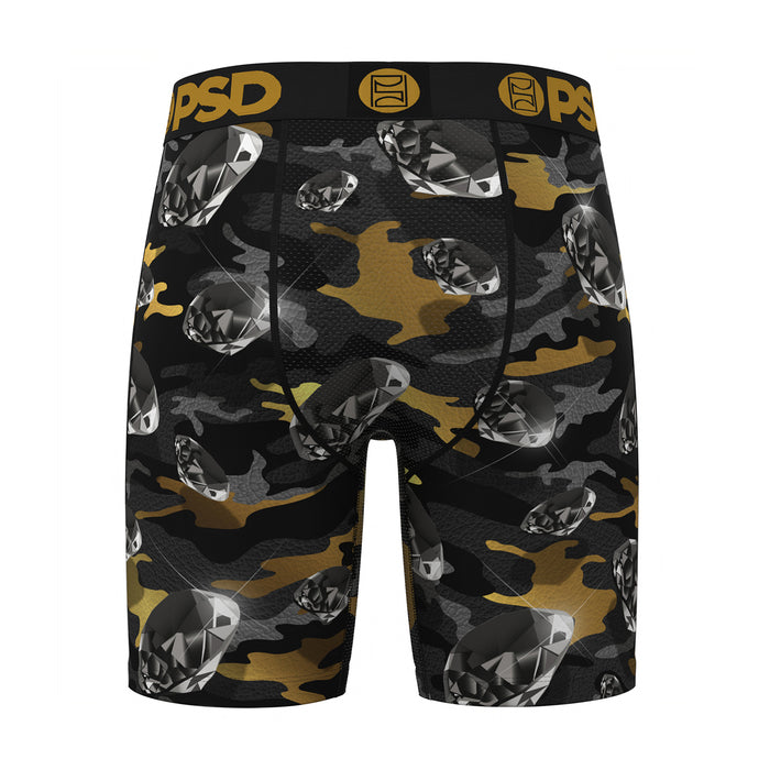 Men's camo boxer shorts with PSD waistband, black and gold, repeating metallic shapes pattern