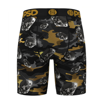 Men's camo boxer shorts with PSD waistband, black and gold, repeating metallic shapes pattern
