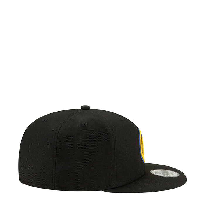 Black baseball cap with blue-and-yellow side stripe detail