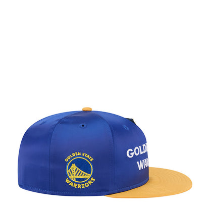 Blue satin baseball cap with yellow brim, Warriors logo and lettering on side
