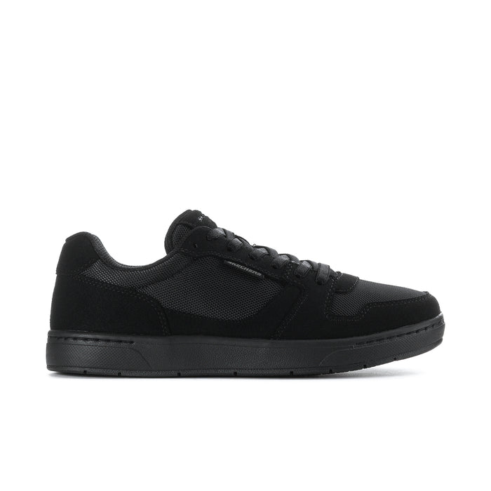 Men's black slip-resistant sneakers with lace-up design and dark rubber sole