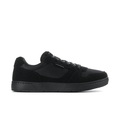Men's black slip-resistant sneakers with lace-up design and dark rubber sole