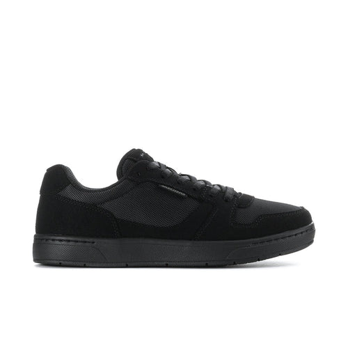 Men's black slip-resistant sneakers with lace-up design and dark rubber sole