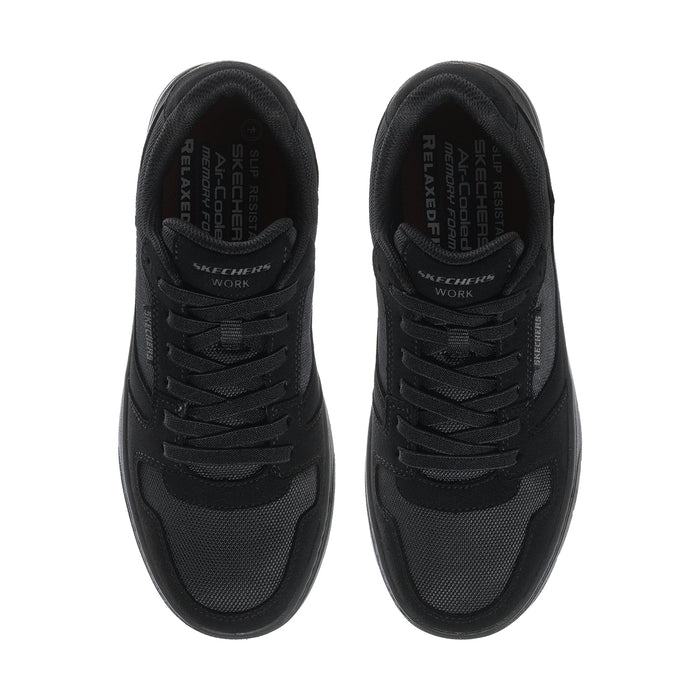 Pair of black slip-resistant sneakers showing padded collars, laces, and inner lining