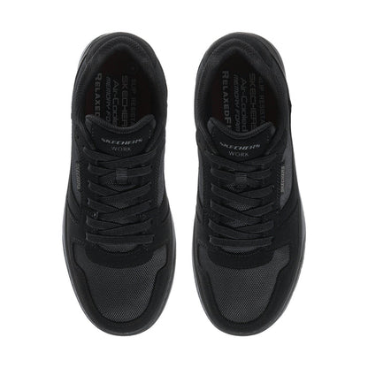 Pair of black slip-resistant sneakers showing padded collars, laces, and inner lining