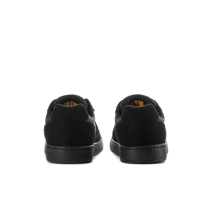 Black slip-resistant sneakers, back view with padded heel and stitched midsole