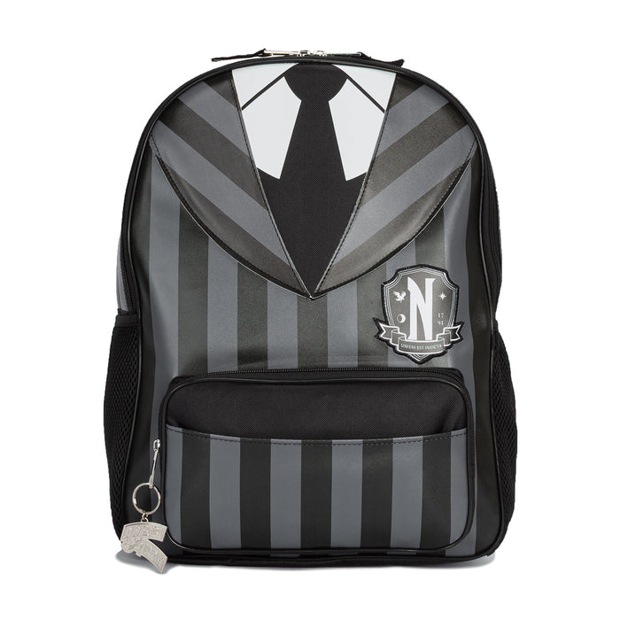 Black and white striped backpack with front pocket and school crest badge