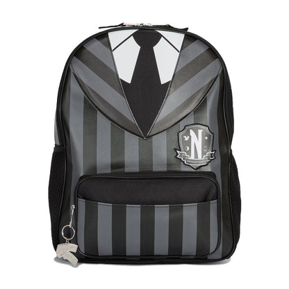 Black and white striped backpack with front pocket and school crest badge