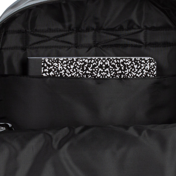 Black backpack interior pocket with leopard-print fabric panel