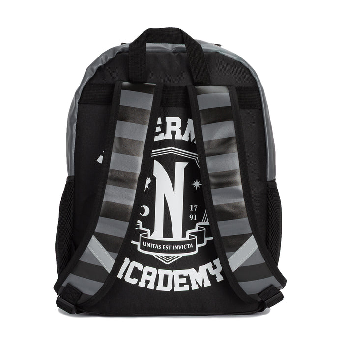 Black and white striped backpack back panel with bold academy logo print
