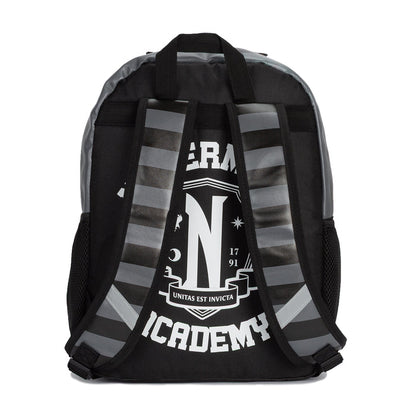 Black and white striped backpack back panel with bold academy logo print