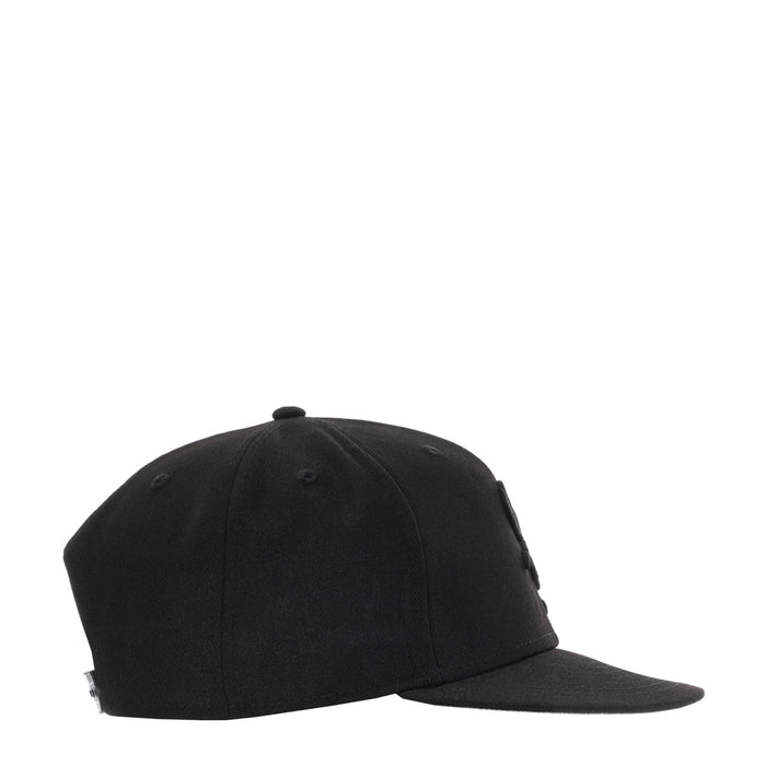 Black baseball cap, curved brim, front profile view