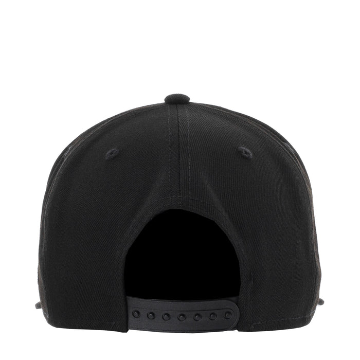 Black baseball cap back view with adjustable strap and open crown