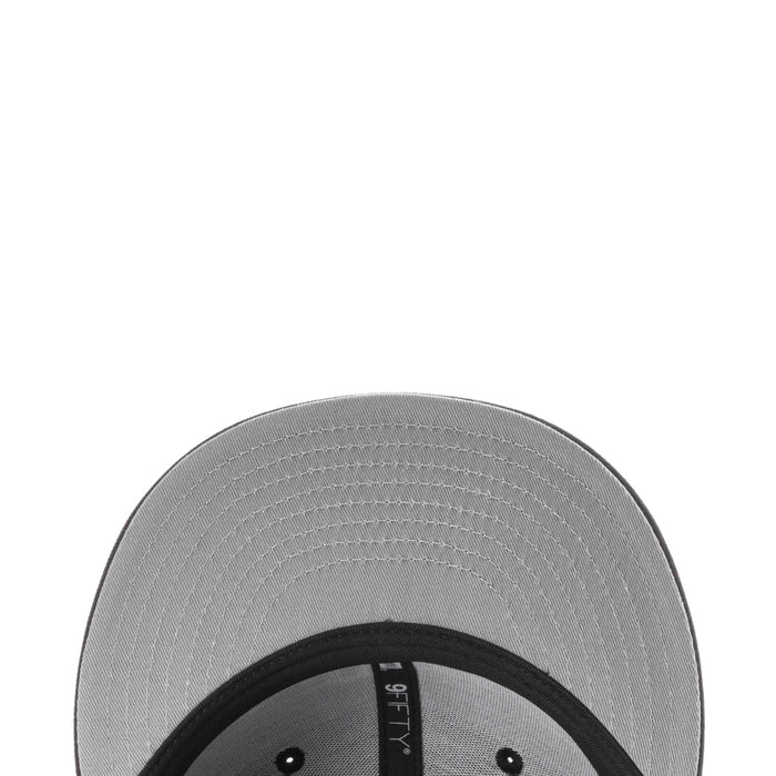 Baseball cap with gray crown and black inner band, stitched panels