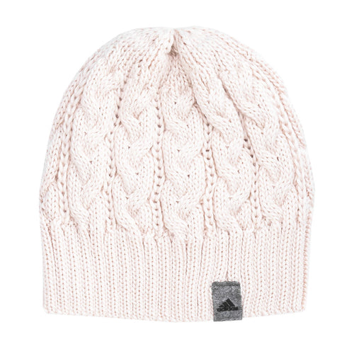 Beige cable-knit beanie with ribbed cuff and small logo patch