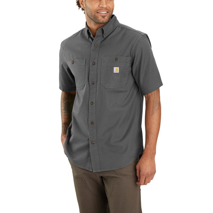 Men's gray short-sleeve button-down shirt with two chest pockets and logo patch