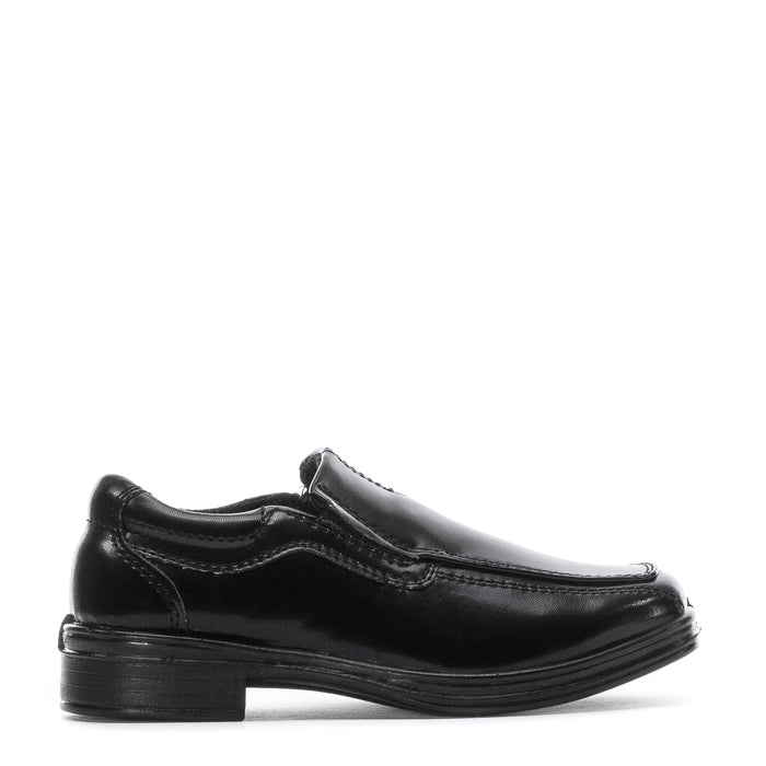 Black toddler slip-on loafer with stitched upper and low block heel