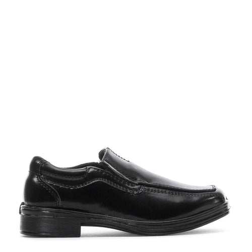 Black toddler slip-on loafer with stitched upper and low block heel