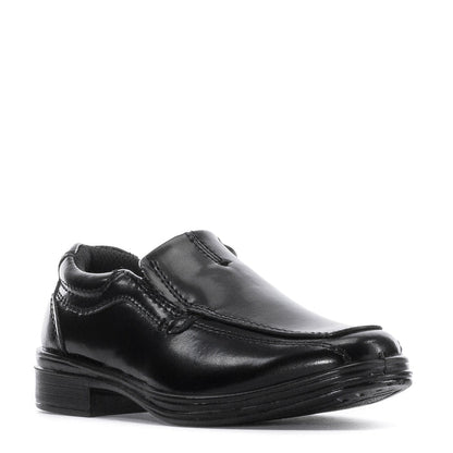 Black toddler slip-on loafer with strap detail and glossy finish
