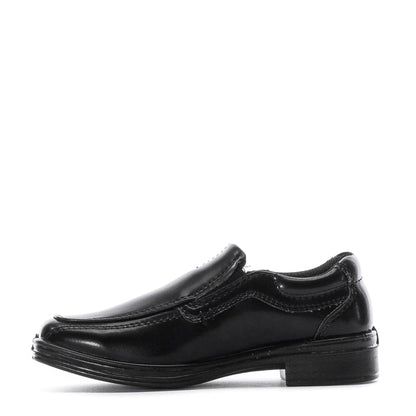 Black toddler slip-on loafer side view with padded collar