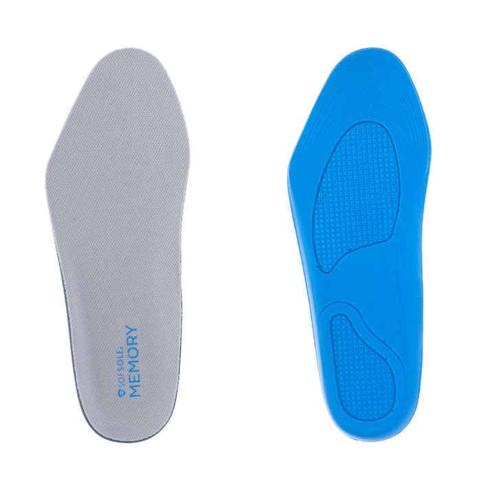 Women’s memory insoles, gray and blue, textured cushioning with arch support